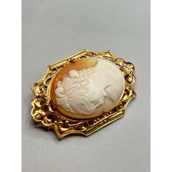 Vintage Cameo Pin Brooch Left Facing Genuine Carved Shell Art Deco Frame Setting - Picture 4 of 10